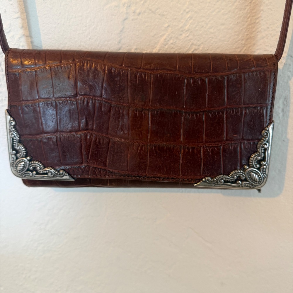Brighton‎ Brown Crocodile Embossed Leather Crossbody Wallet Bag Silver Western